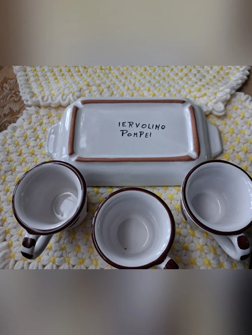 Ceramic Espresso Cup and Serving Tray Set in White with Brown Accents